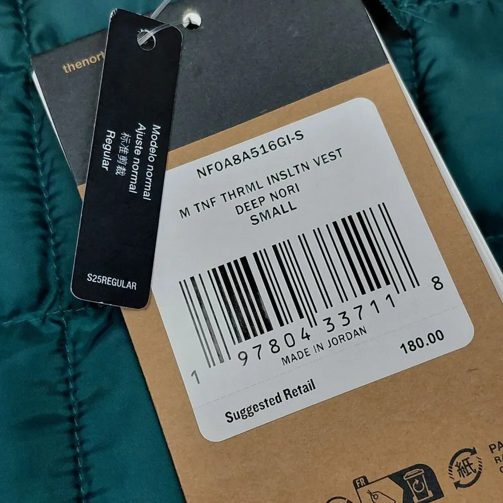 NEW The North Face Thermal Insulation Vest Mens Small Green ThermoBall Full Zip